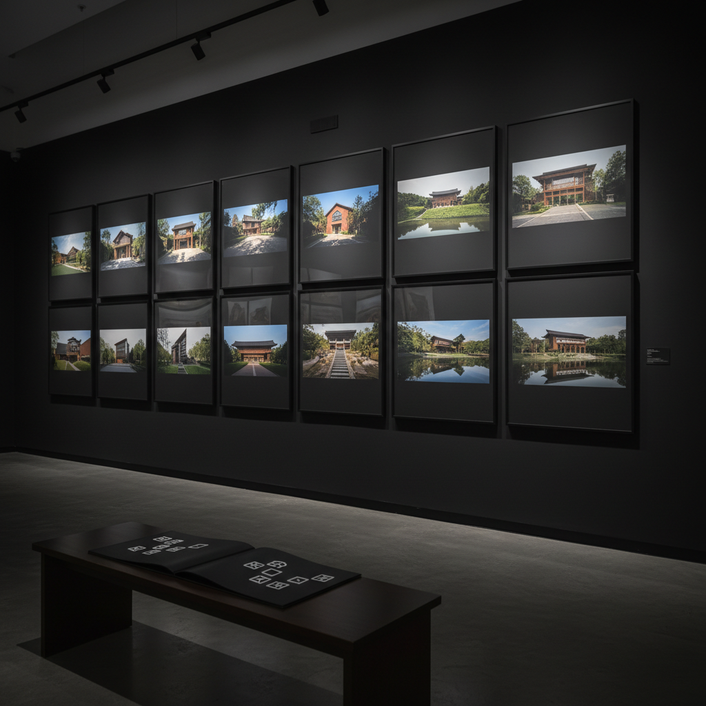 A curated photographic montage of the studio’s portfolio displayed on a long, matte-black gallery wall in a dimly lit Hangzhou exhibition space. Large framed prints of completed and in-progress architectural projects—courtyard houses, hillside cultural centers, riverside pavilions—are arranged with precise gaps, each illuminated by narrow-beam spotlights that carve out islands of light. The architecture emphasizes interaction between sunlight, shadow, and surrounding terrain. In the foreground, a minimal bench holds an open folio with abstract icons where contact info would be, suggesting ways to reach the studio. Shot from a slightly oblique angle with deep focus, the atmosphere is contemplative, refined, and museum-like, underscoring architecture as an archive of memory.