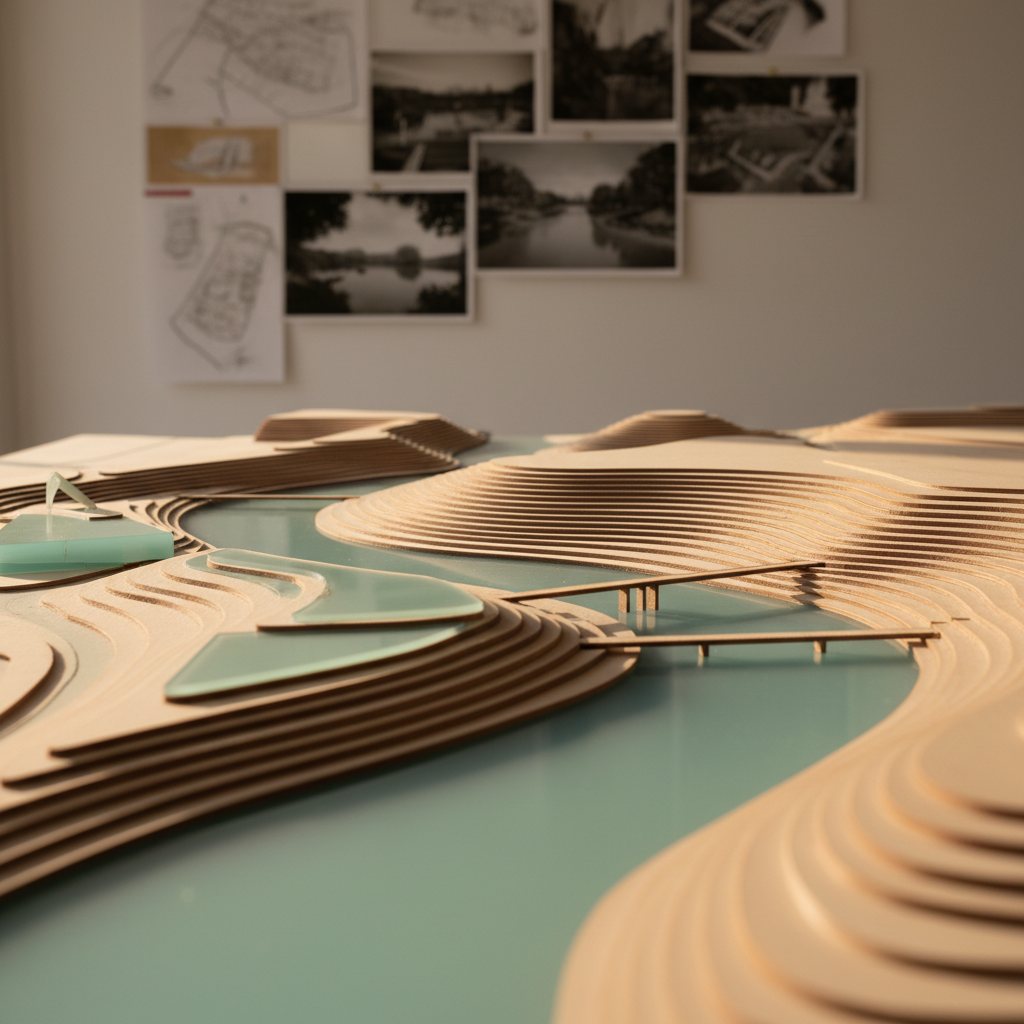 A close, photographic detail of an architecture model table within the FengF studio, focusing on a meticulously crafted topographic model of a Hangzhou riverside project. Layers of pale wood and translucent resin form terraces, water surfaces, and building masses that seem to glow as low afternoon sunlight streams through a nearby window. The light grazes the model, casting long, delicate shadows that express the design’s relationship to sun path and landscape. In the blurred background, pinned sketches and site photos hint at memories of the place. Shot from a low, macro-like angle with shallow depth of field, the mood is intimate, intellectual, and sophisticated, perfect for illustrating the studio’s design process page.
