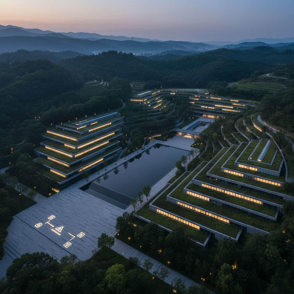A dramatic twilight aerial photograph of a terraced cultural complex on the outskirts of Hangzhou, designed to merge with rolling, tree-lined hills. Flat green roofs blend with the landscape, while linear skylights glow like delicate ribbons of light. Pathways trace gentle curves, leading to a central reflecting pool that captures the last blue of evening. The composition looks down at a three-quarter angle, revealing how building volumes nestle into the topography. Tiny, abstract icons embedded in the paving near the entrance suggest the studio’s contact and inquiry details without readable text. The mood is contemplative and cinematic, emphasizing the harmony between built form, light, and terrain.