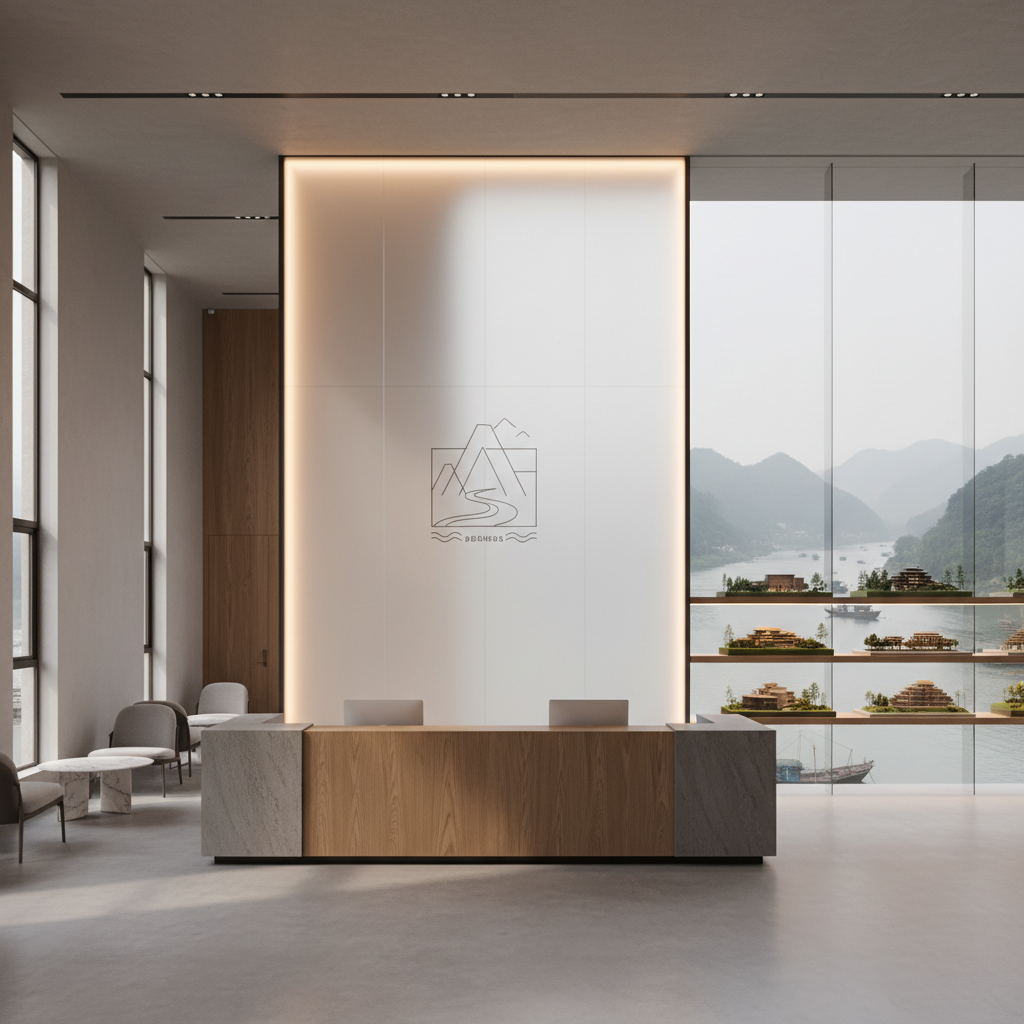 An elegant, photographic interior of an architecture studio reception space in Hangzhou, designed as a gallery of light and memory. A long oak desk with a honed stone front faces the viewer, with a backlit wall revealing a subtle, abstract emblem hinting at the studio name and tagline instead of readable letters. Behind, a large glass panel overlooks a hazy river landscape and distant hills. Soft, diffused daylight enters from the side, balanced by concealed warm LED strips under shelves displaying scale models of landscape-driven projects. Shot at eye level with symmetrical composition and clean modern aesthetic, the mood is serene, sophisticated, and welcoming, ideal for a contact or inquiry page.